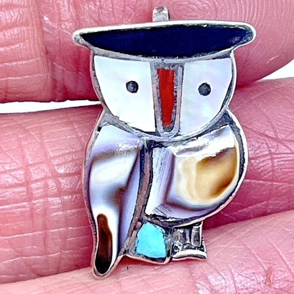 Native American Navajo Indian Turquoise Jewelry Jewelry - Zuni Horned Owl Pendant Pin Sterling Turquoise Inlay Brooch Native Signed Bird